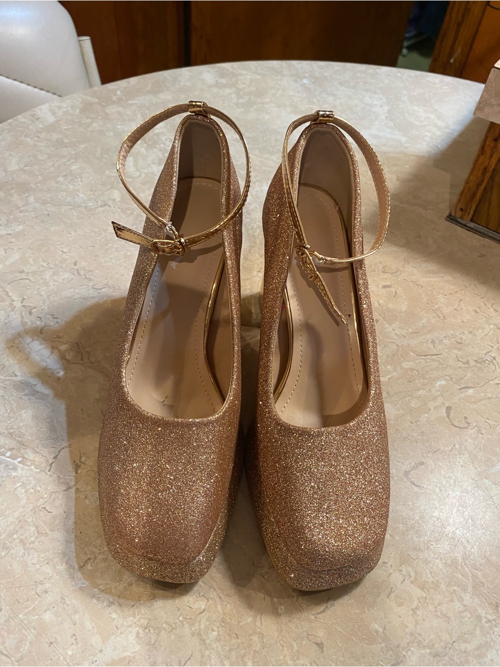 Source Unknown Rose Gold Glitter Platform Ankle-Strap Heels